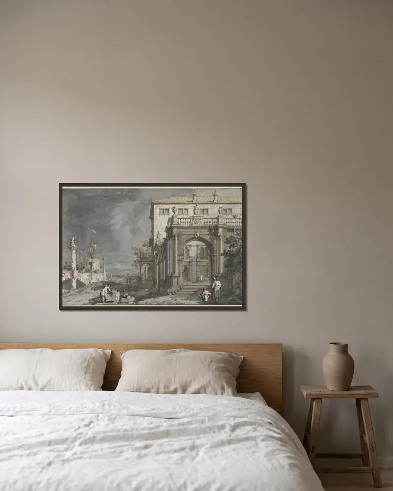 Capriccio; Ett palats med innergård vid lagunen av Canaletto inramad på en vägg