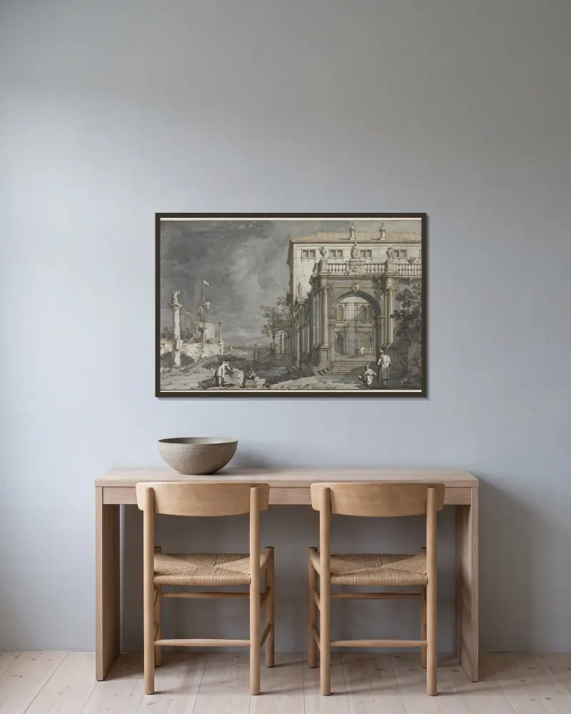 Capriccio; Ett palats med innergård vid lagunen av Canaletto inramad på en vägg