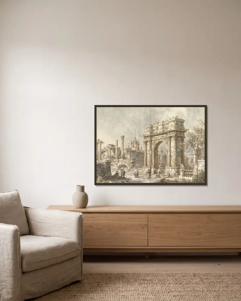 Capriccio med en romersk triumfbåge av Canaletto inramad på en vägg