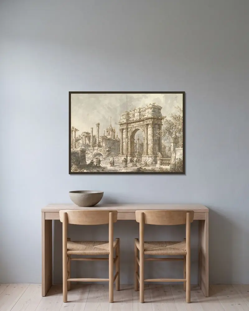 Capriccio med en romersk triumfbåge av Canaletto inramad på en vägg