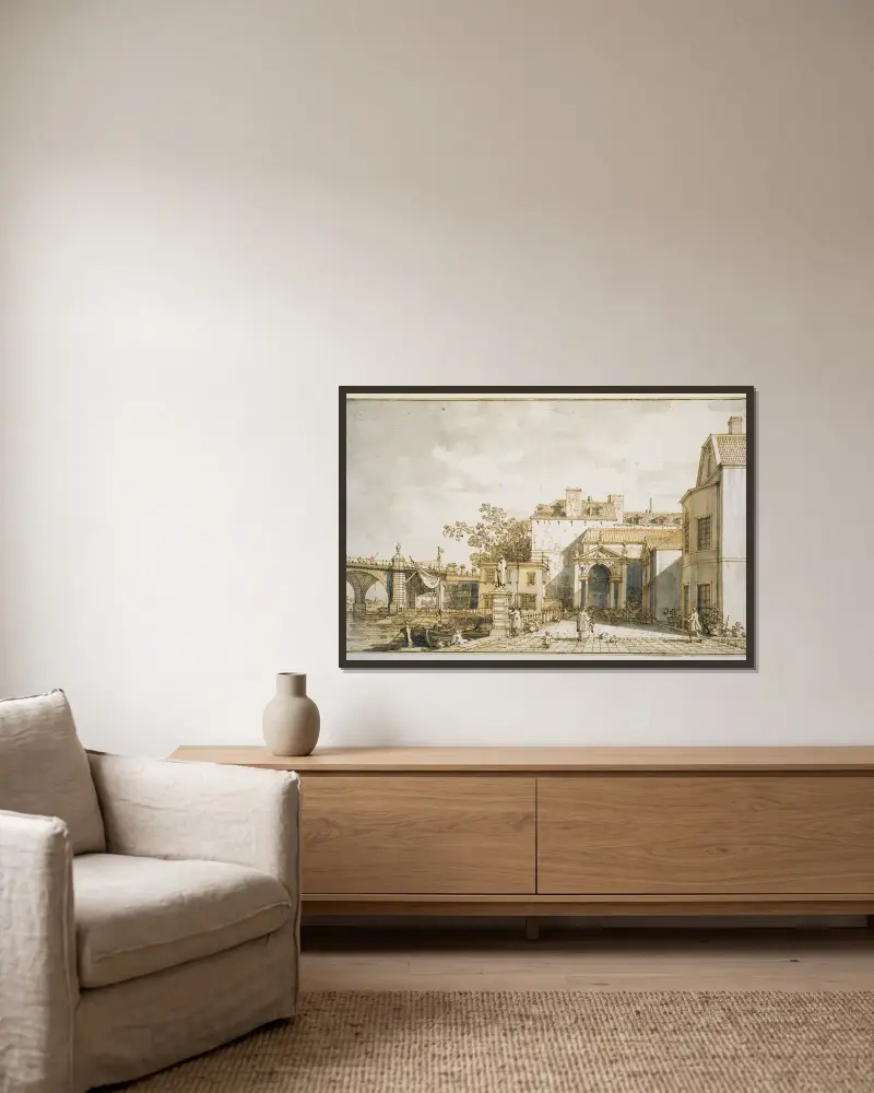 Capriccio med minnen av Westminster Bridge och Richmond House av Canaletto inramad på en vägg