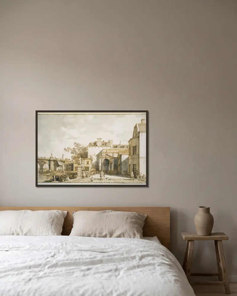Capriccio med minnen av Westminster Bridge och Richmond House av Canaletto inramad på en vägg