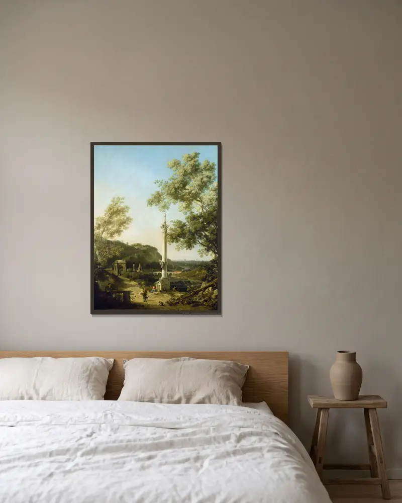 Engelskt landskapskapriccio med en kolonn av Canaletto inramad på en vägg