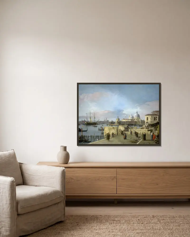 Ingången till Canal Grande från Molo, Venedig av Canaletto inramad på en vägg