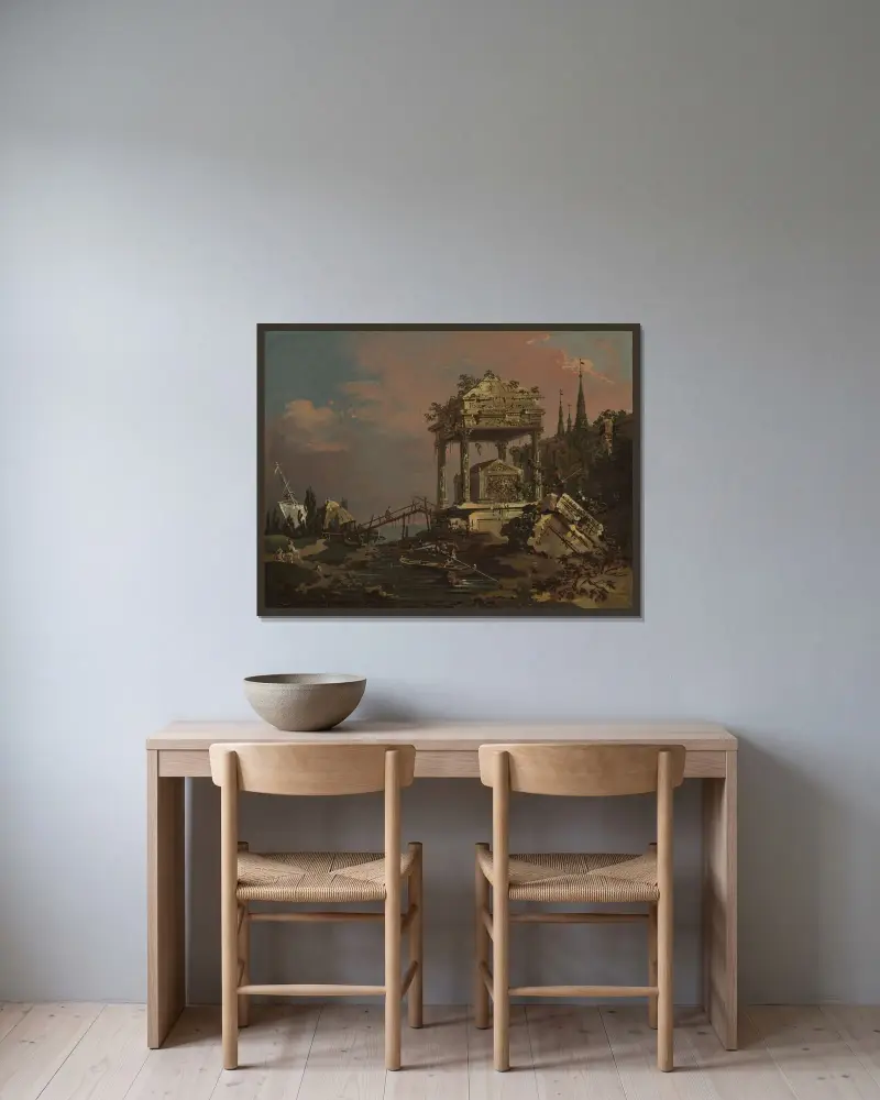 Fantastisk utsikt med en grav vid lagunen av Canaletto inramad på en vägg