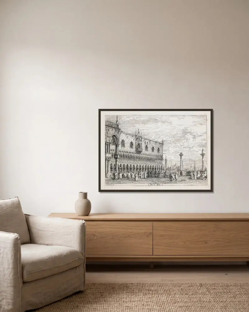 La Piera del Bando (Proklamationsstenen, Venedig) av Canaletto inramad på en vägg