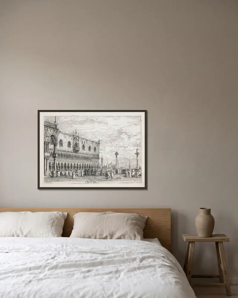 La Piera del Bando (Proklamationsstenen, Venedig) av Canaletto inramad på en vägg