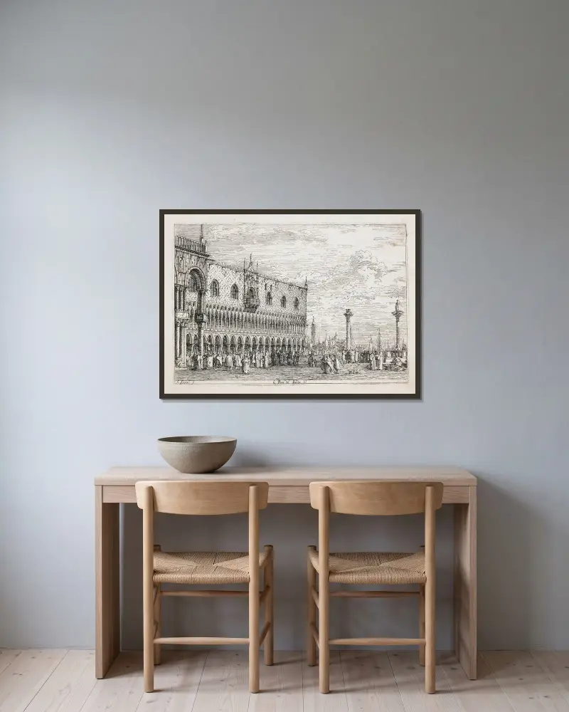 La Piera del Bando (Proklamationsstenen, Venedig) av Canaletto inramad på en vägg