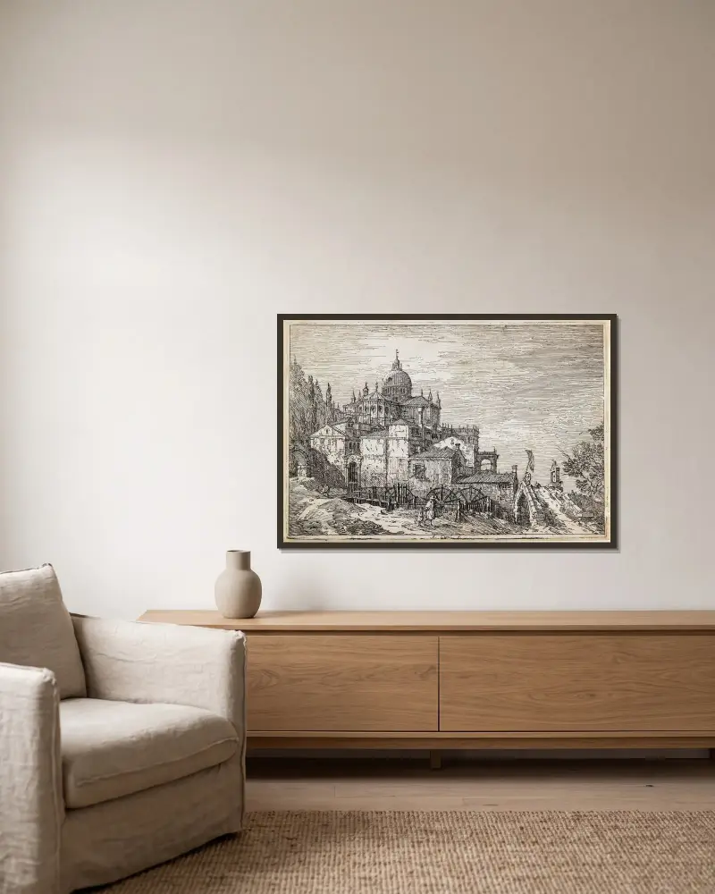 Landskap med kyrka, hus och kvarn av Canaletto inramad på en vägg