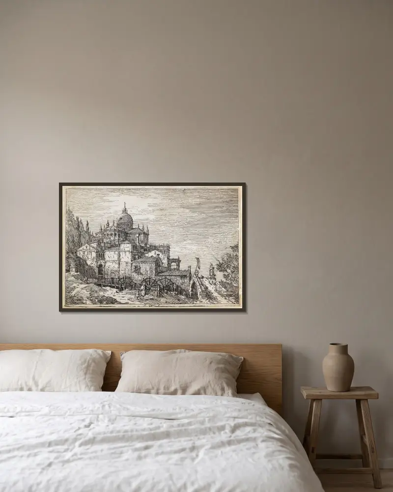Landskap med kyrka, hus och kvarn av Canaletto inramad på en vägg