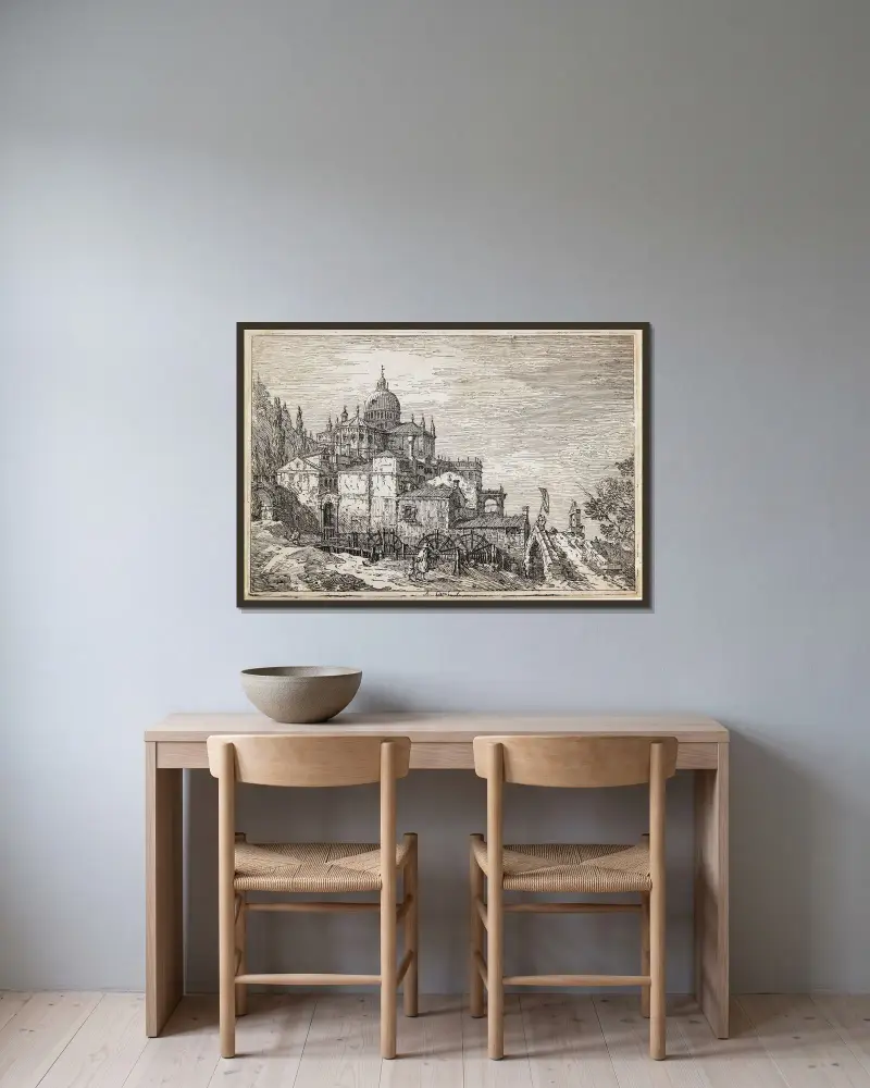 Landskap med kyrka, hus och kvarn av Canaletto inramad på en vägg