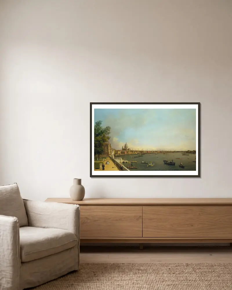 London – Themsen från Somerset House-terrassen mot City av Canaletto inramad på en vägg