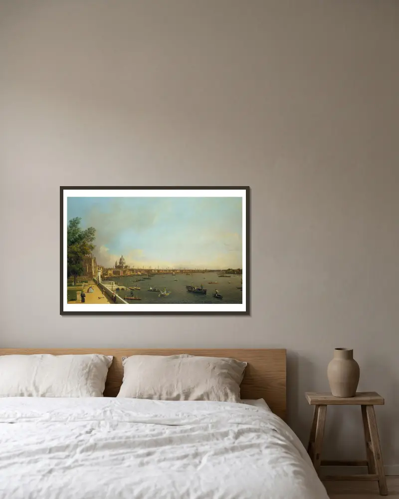 London – Themsen från Somerset House-terrassen mot City av Canaletto inramad på en vägg