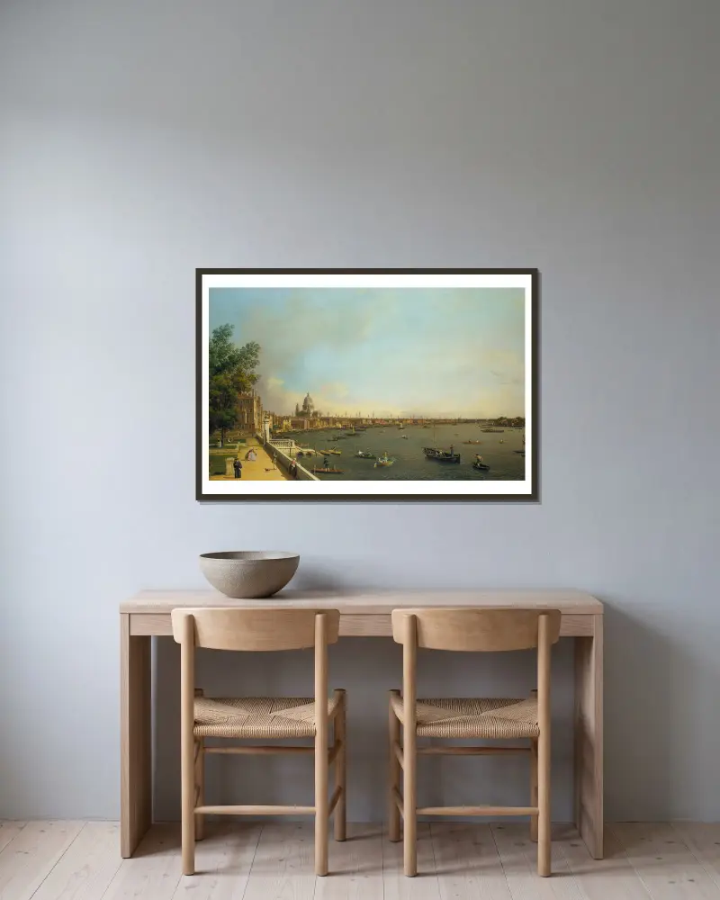 London – Themsen från Somerset House-terrassen mot City av Canaletto inramad på en vägg