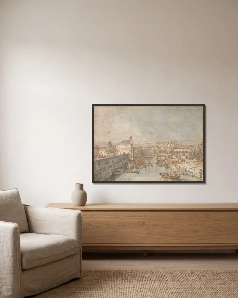 Padua; floden Bacchiglione och Porta Portello av Canaletto inramad på en vägg