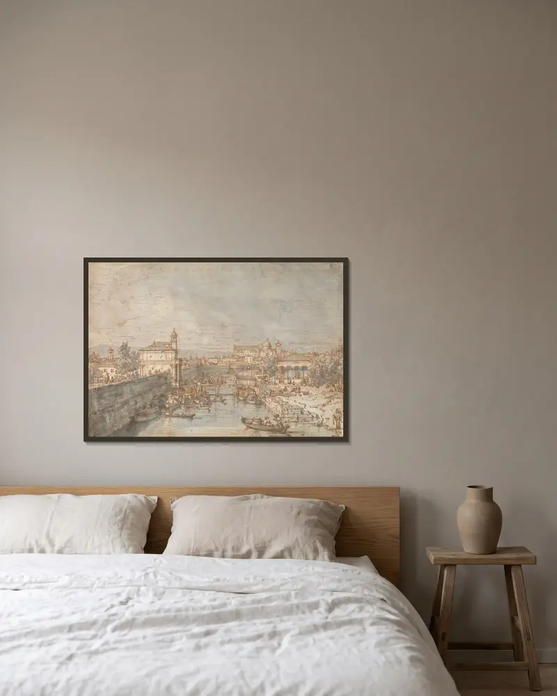 Padua; floden Bacchiglione och Porta Portello av Canaletto inramad på en vägg