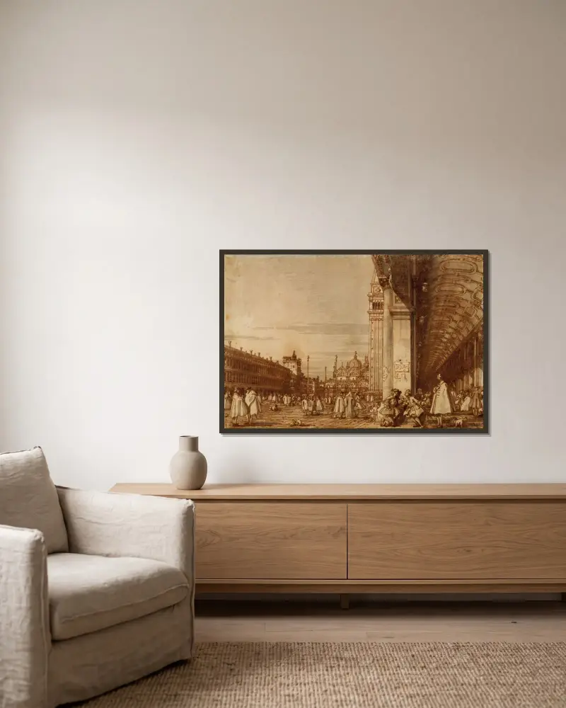 Piazza San Marco von der südwestlichen Ecke, mit den Procuratie Nuove rechts von Canaletto gerahmt an einer Wand