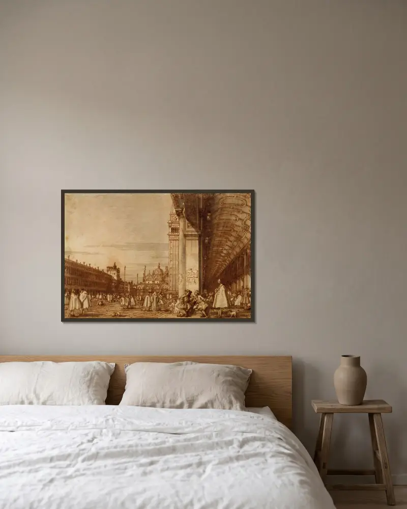 Piazza San Marco von der südwestlichen Ecke, mit den Procuratie Nuove rechts von Canaletto gerahmt an einer Wand