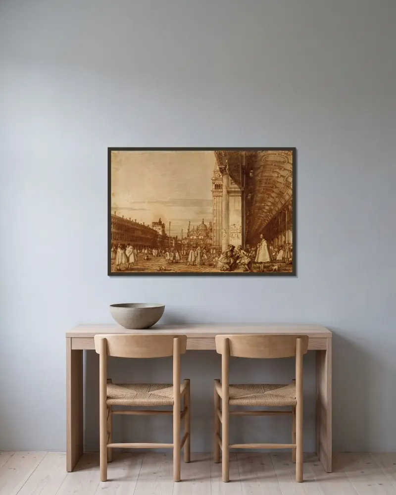Piazza San Marco von der südwestlichen Ecke, mit den Procuratie Nuove rechts von Canaletto gerahmt an einer Wand