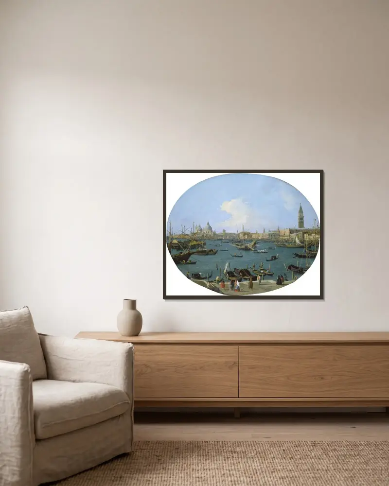 Utsikt från Bacino di San Marco i Venedig av Canaletto inramad på en vägg