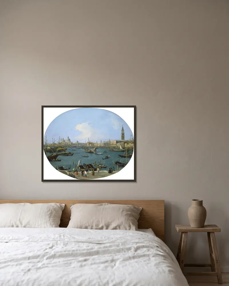 Utsikt från Bacino di San Marco i Venedig av Canaletto inramad på en vägg