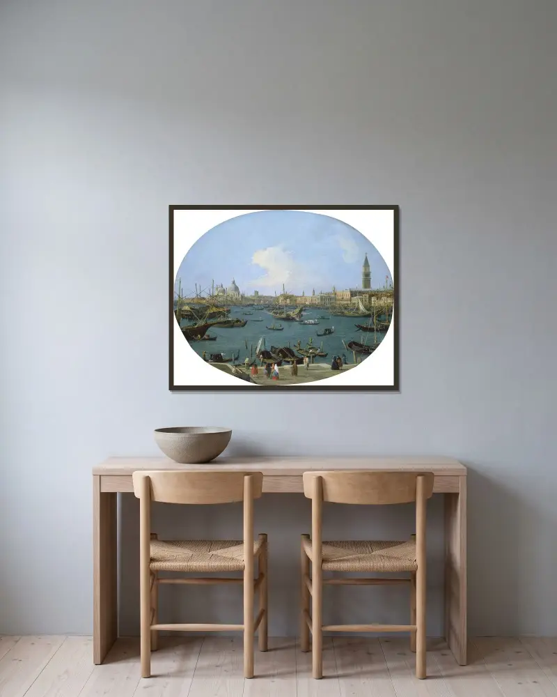 Utsikt från Bacino di San Marco i Venedig av Canaletto inramad på en vägg
