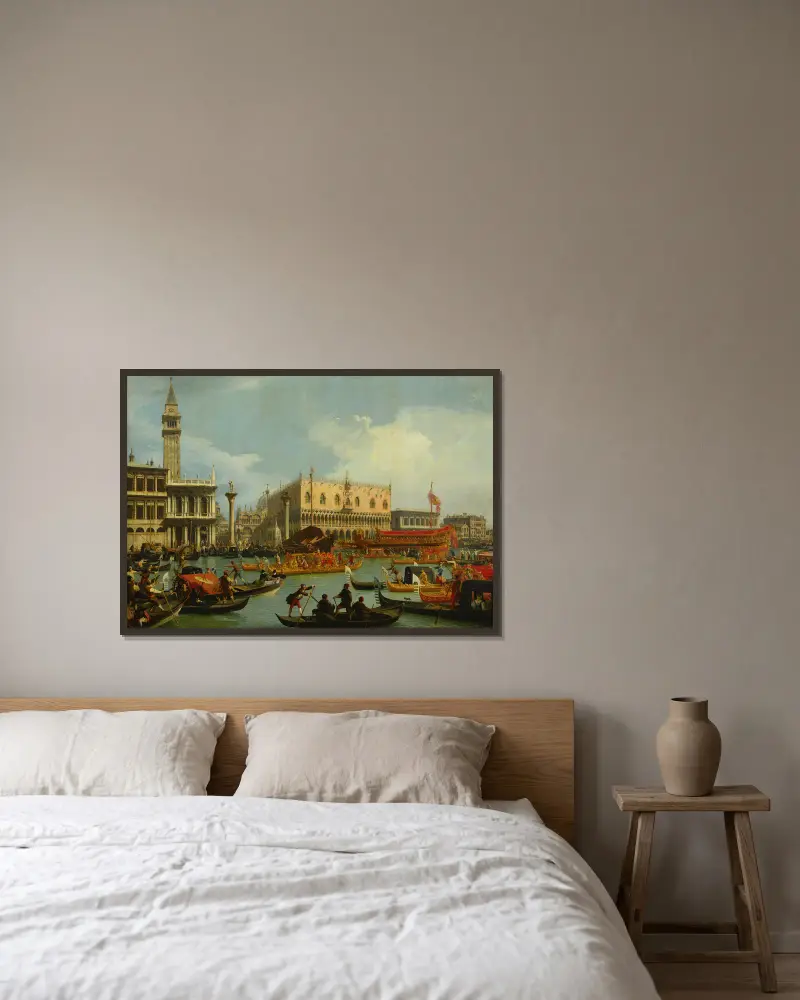 Bucintoren återvänder till Molo på Kristi himmelsfärdsdag av Canaletto inramad på en vägg