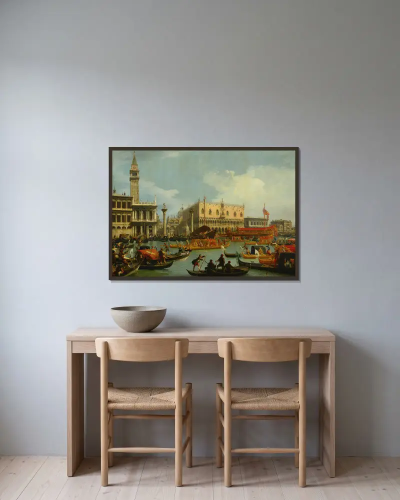 Bucintoren återvänder till Molo på Kristi himmelsfärdsdag av Canaletto inramad på en vägg