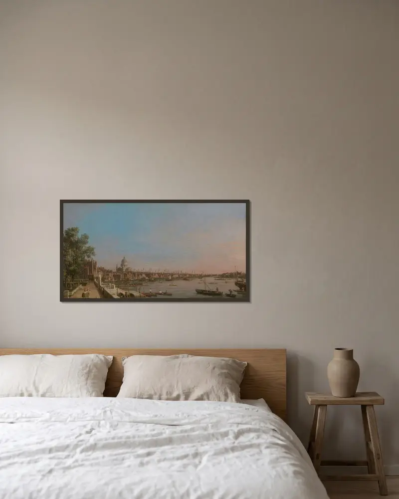 Staden från nära terrassen vid Somerset House av Canaletto inramad på en vägg