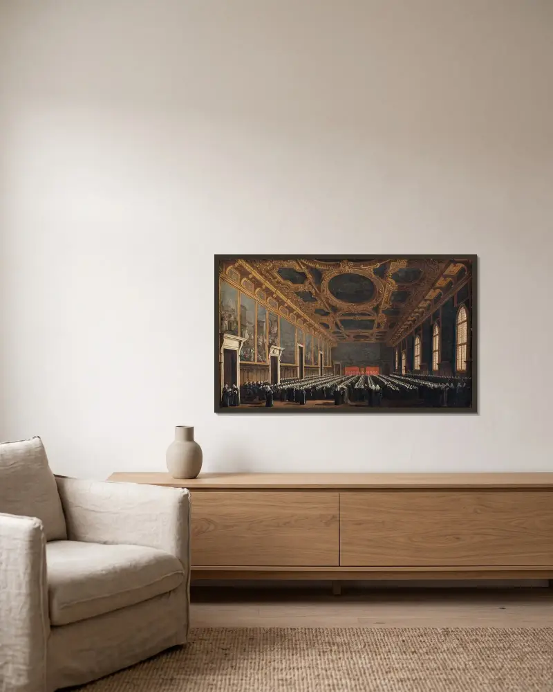 Doża i Wielka Rada w Sali del Maggior Consiglio, Canaletto w ramie na ścianie