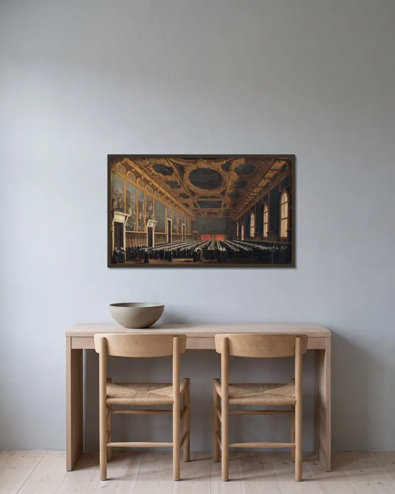 Doża i Wielka Rada w Sali del Maggior Consiglio, Canaletto w ramie na ścianie