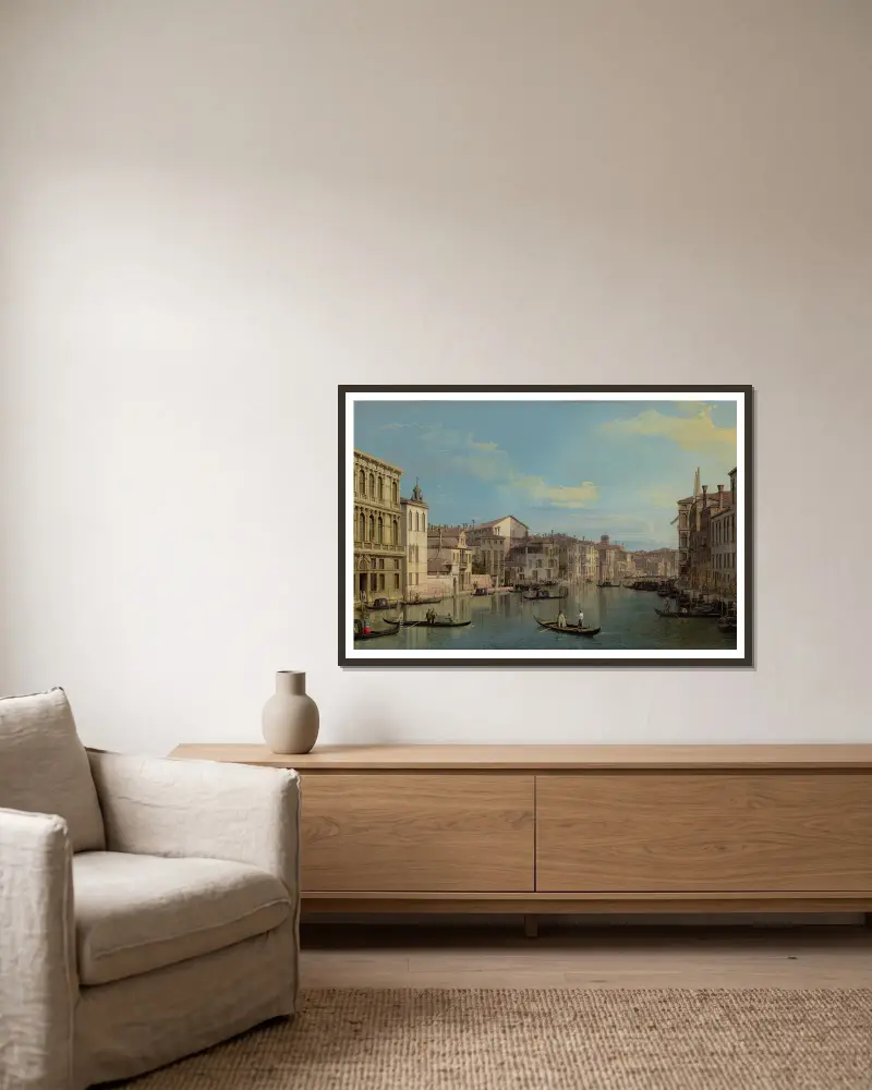 Stora kanalen i Venedig från Palazzo Flangini till Campo San Marcuola av Canaletto inramad på en vägg