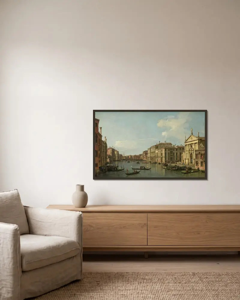 Canal Grande i Venedig, vy mot sydöst från San Stae mot Fabbriche Nuove di Rialto av Canaletto inramad på en vägg