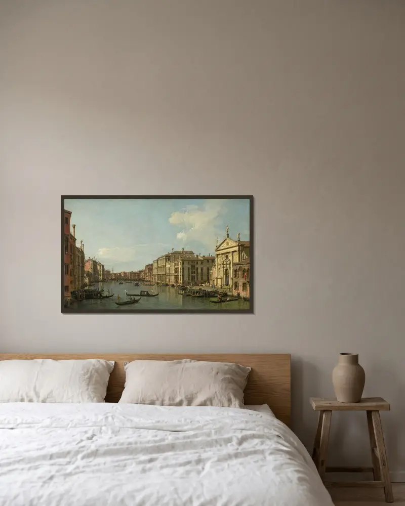 Canal Grande i Venedig, vy mot sydöst från San Stae mot Fabbriche Nuove di Rialto av Canaletto inramad på en vägg