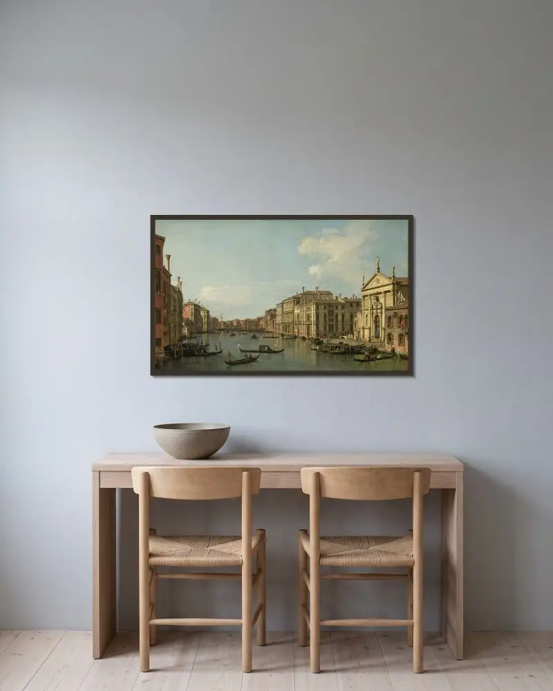 Canal Grande i Venedig, vy mot sydöst från San Stae mot Fabbriche Nuove di Rialto av Canaletto inramad på en vägg