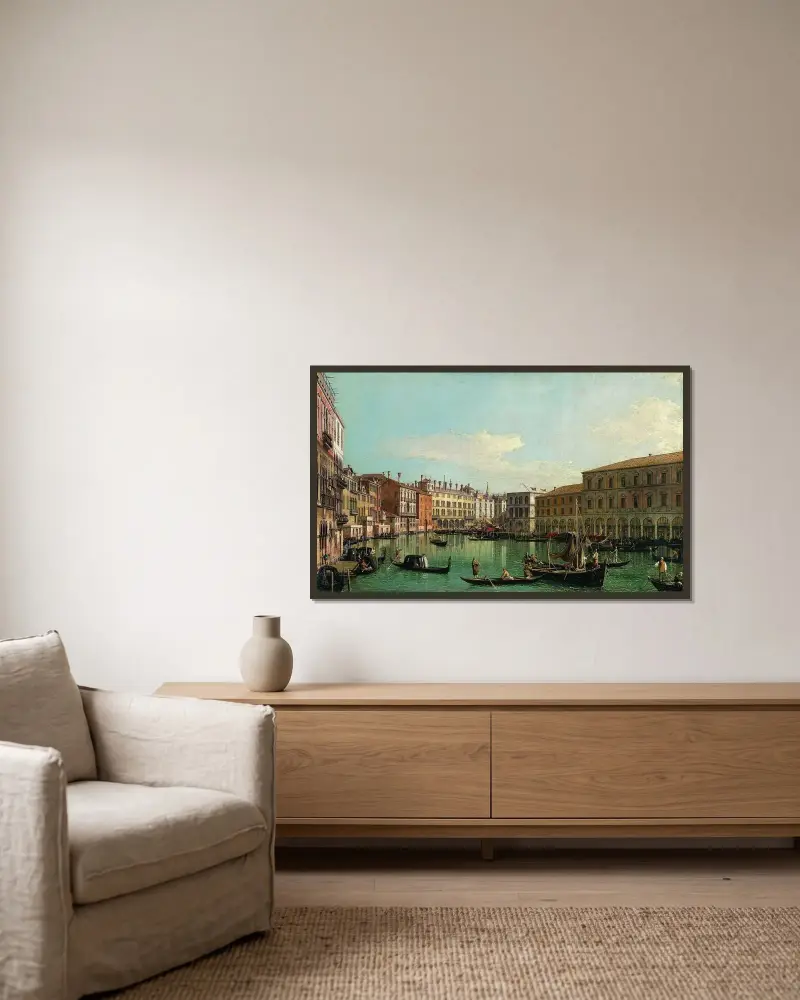 Canal Grande i Venedig, mot Rialtobron av Canaletto inramad på en vägg