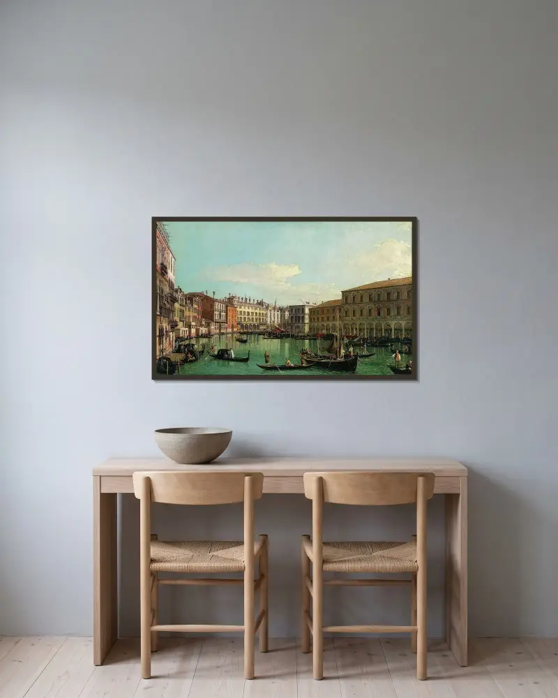 Canal Grande i Venedig, mot Rialtobron av Canaletto inramad på en vägg