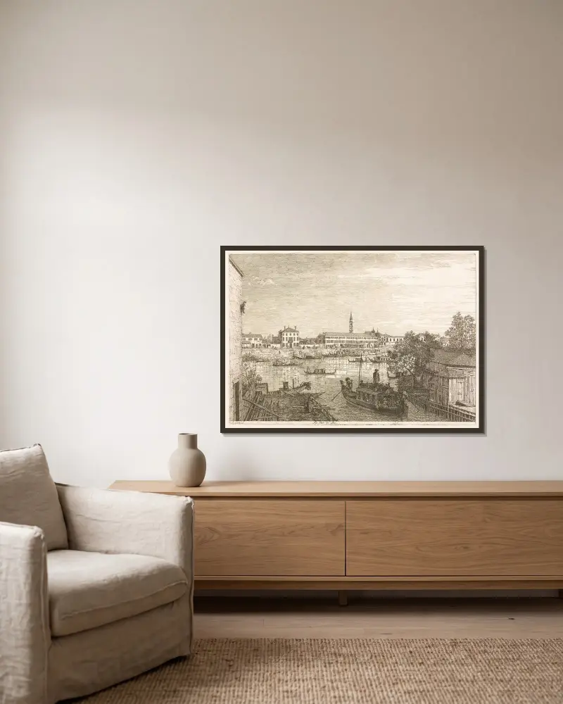 Der Hafen von Dolo von Canaletto gerahmt an einer Wand