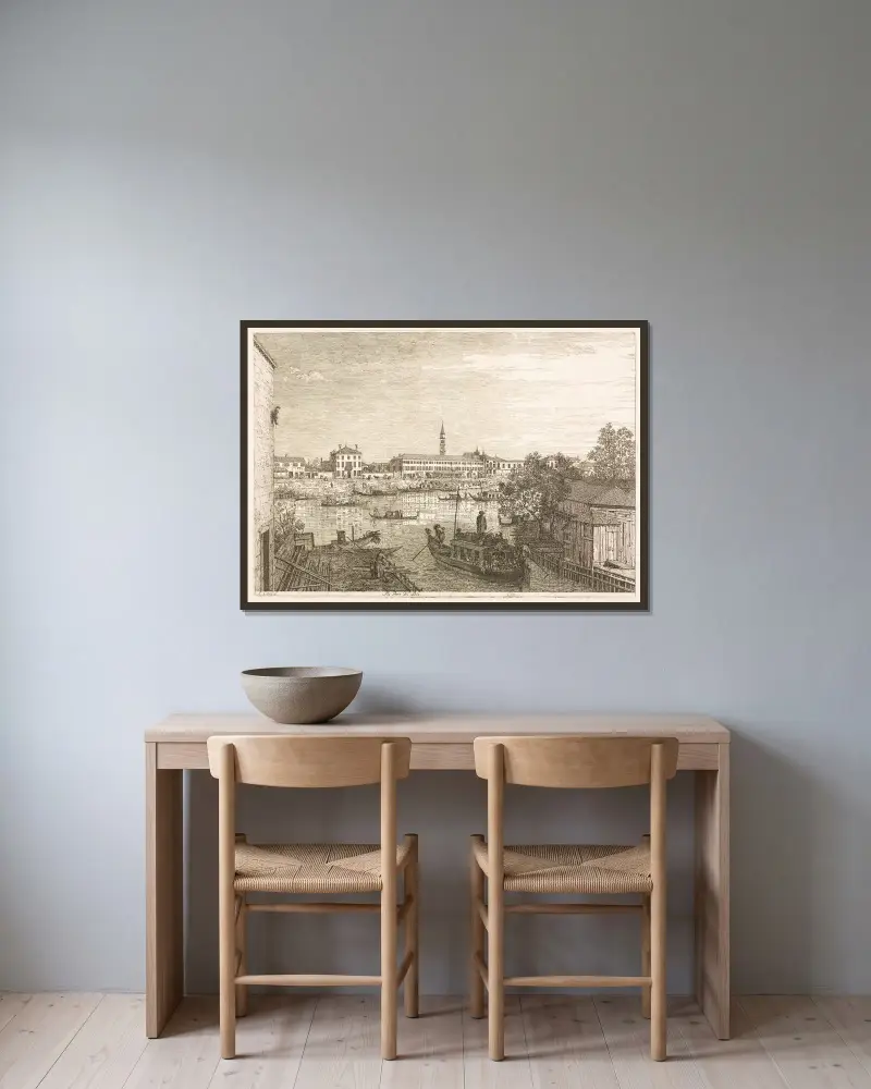 Der Hafen von Dolo von Canaletto gerahmt an einer Wand