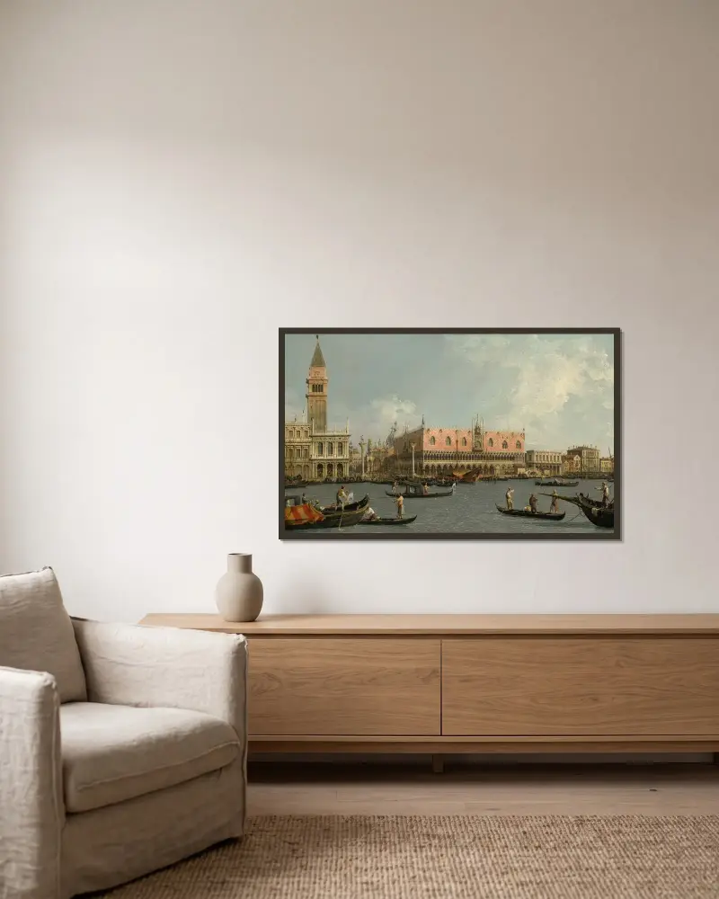 Molo med Piazzettan och Dogepalatset, från Bacino av Canaletto inramad på en vägg
