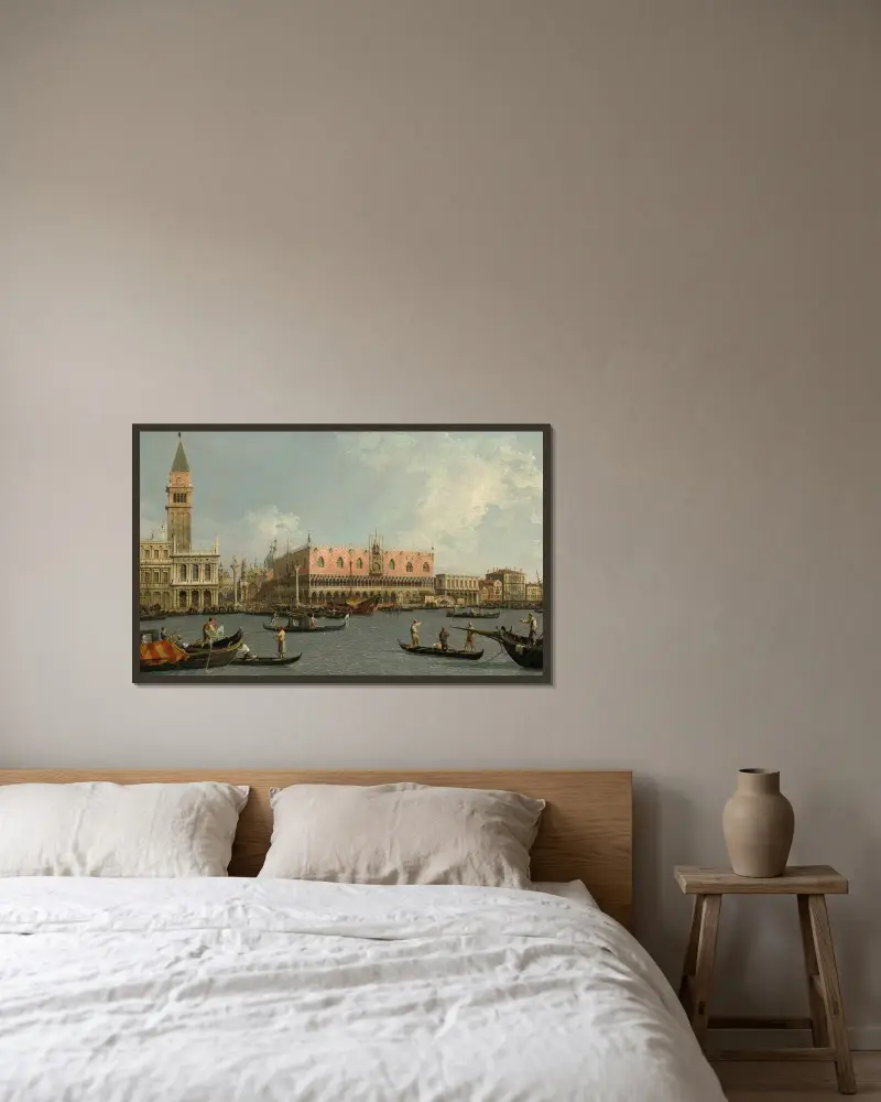 Molo med Piazzettan och Dogepalatset, från Bacino av Canaletto inramad på en vägg