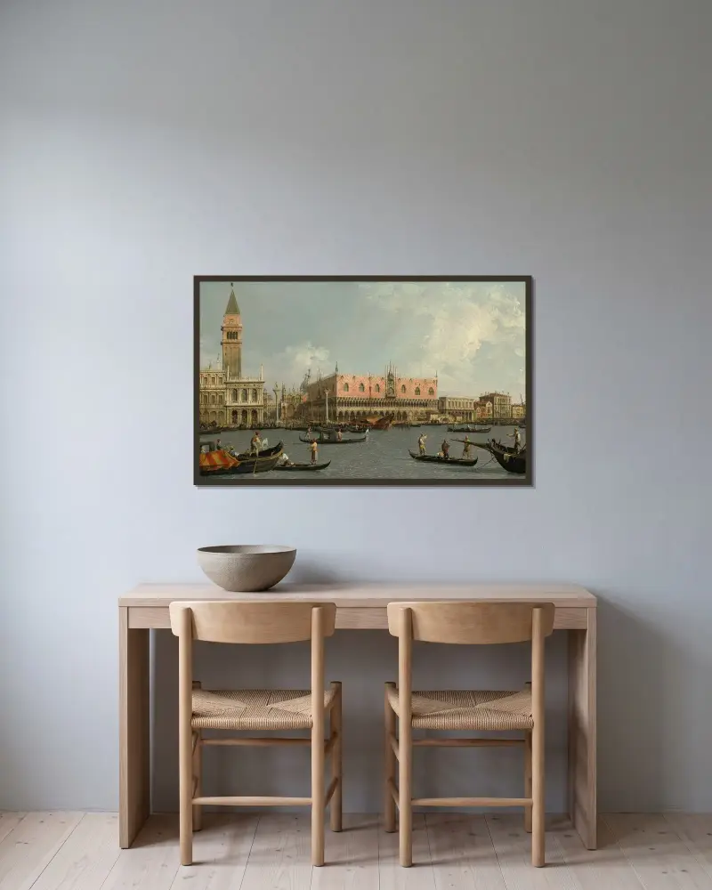 Molo med Piazzettan och Dogepalatset, från Bacino av Canaletto inramad på en vägg