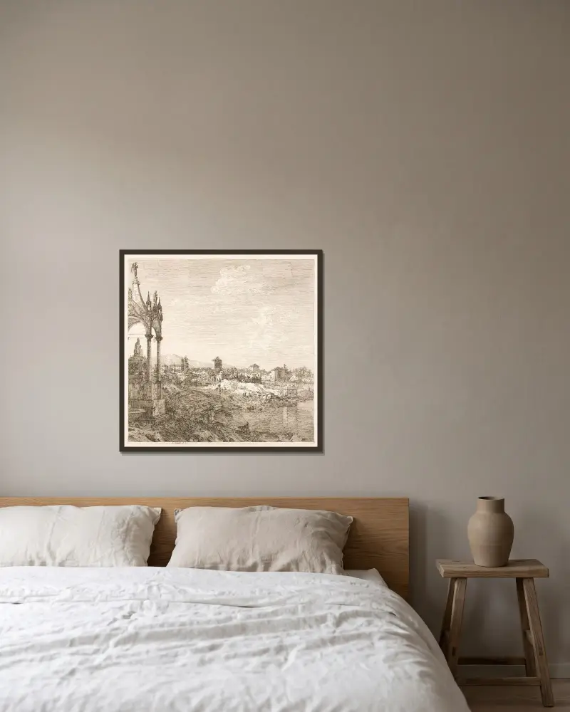 En biskops gravmonument av Canaletto inramad på en vägg