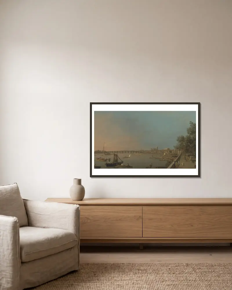 Themsen från terrassen på Somerset House, mot Westminster av Canaletto inramad på en vägg