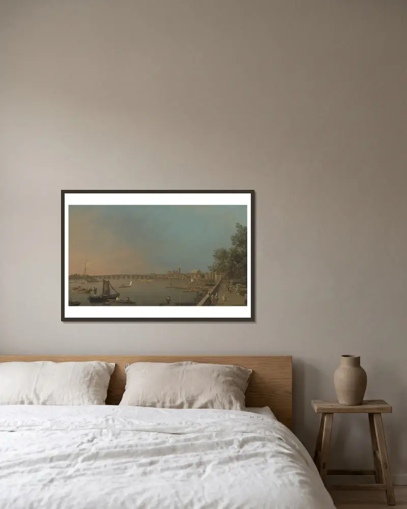 Themsen från terrassen på Somerset House, mot Westminster av Canaletto inramad på en vägg