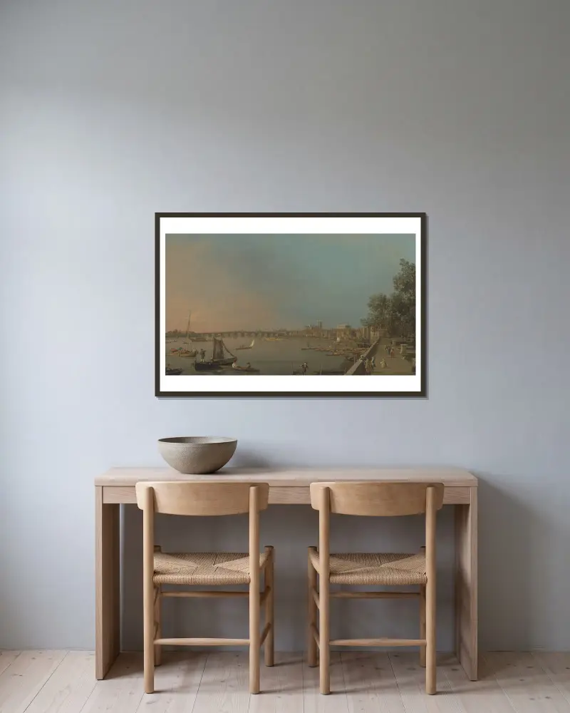 Themsen från terrassen på Somerset House, mot Westminster av Canaletto inramad på en vägg