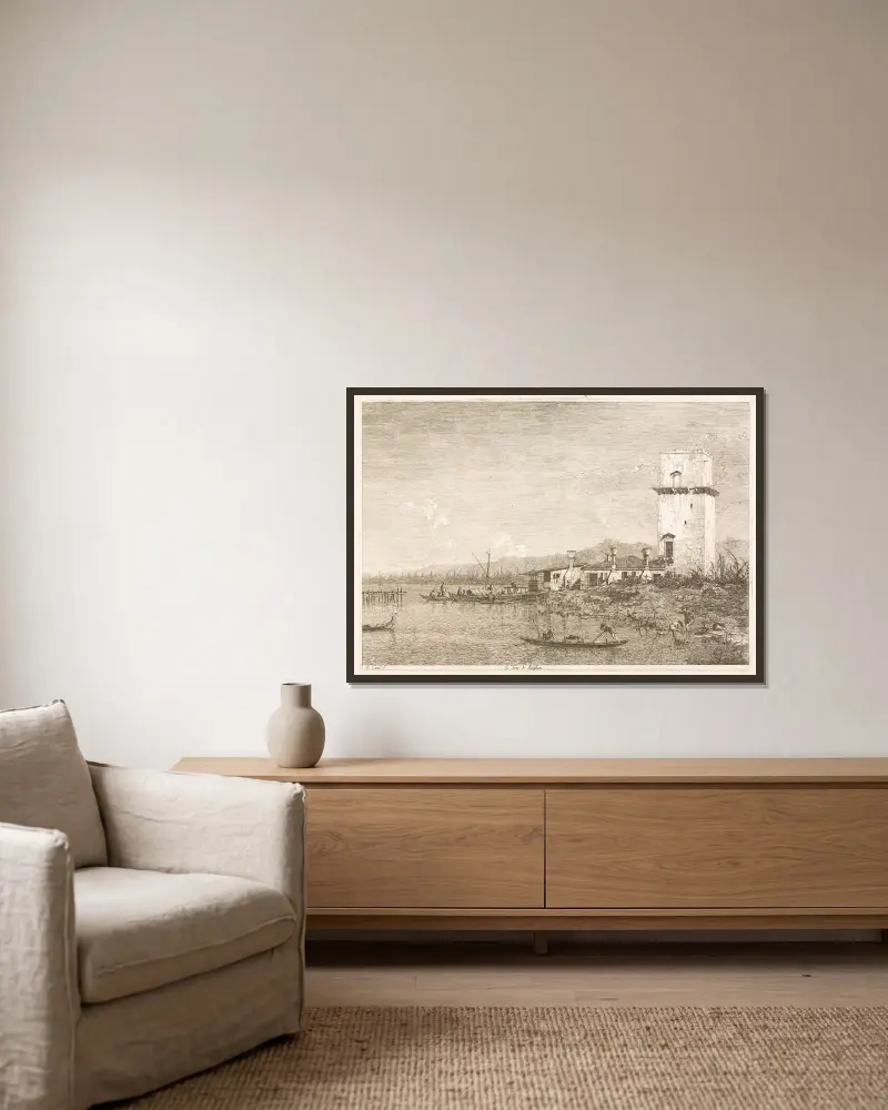 Tornet i Malghera av Canaletto inramad på en vägg