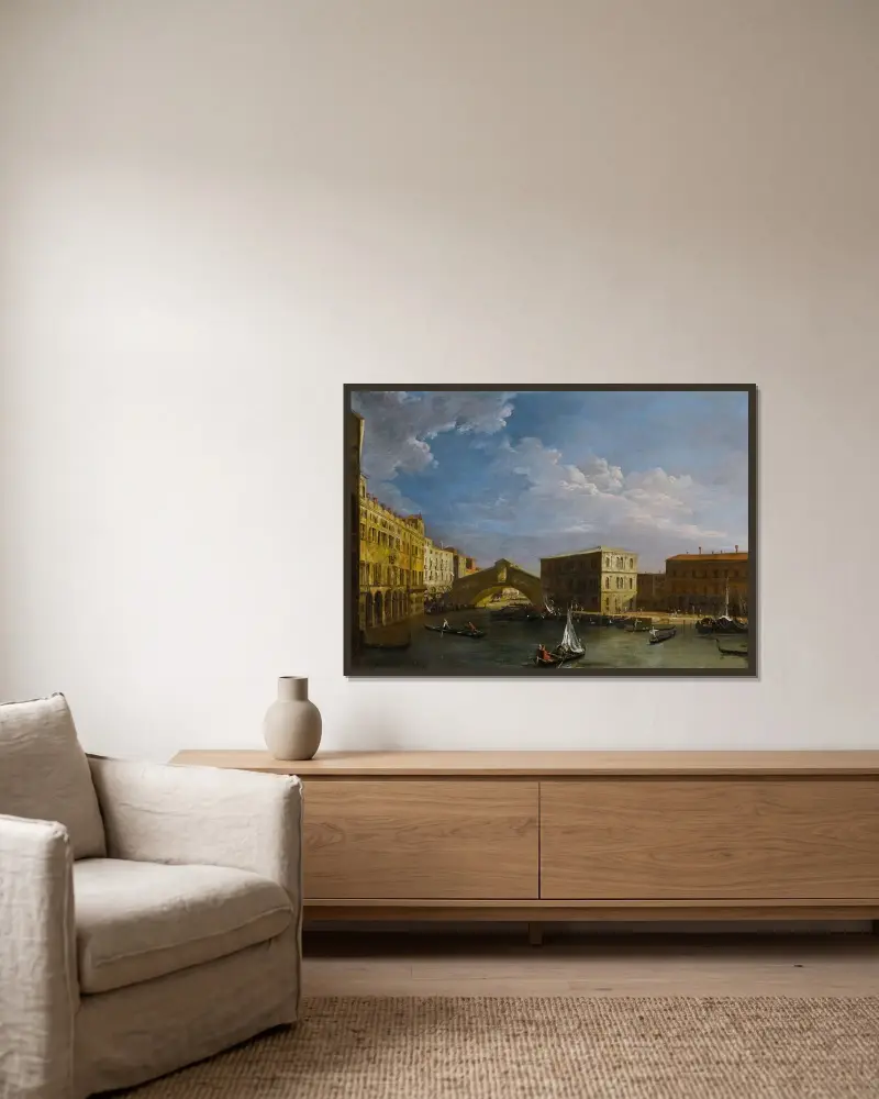 Venedig, vy över Canal Grande och Rialtobron från norr av Canaletto inramad på en vägg