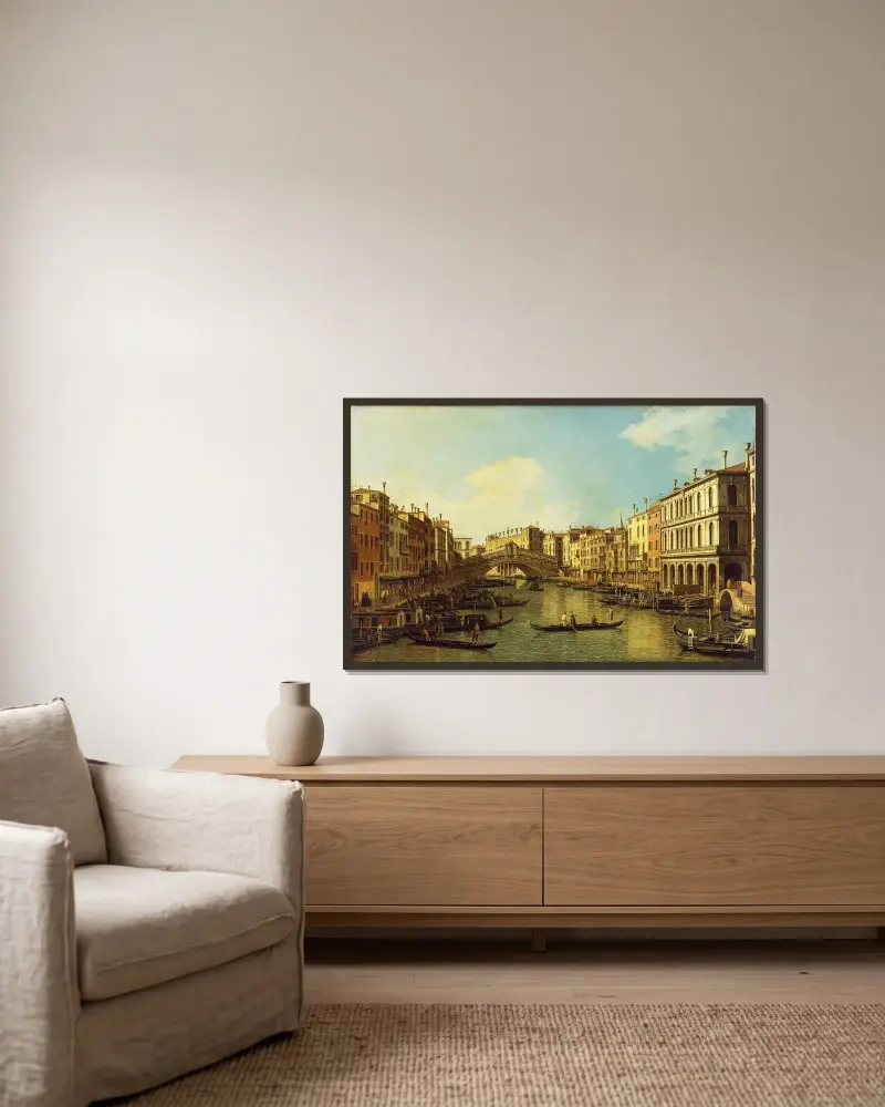 Venedig, Canal Grande från Palazzo Dolfin-Manin till Rialtobron av Canaletto inramad på en vägg