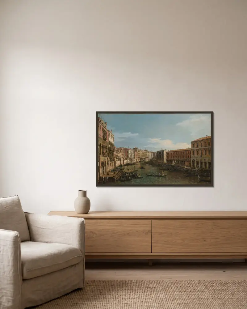 Venedig, Canal Grande söderut, från Ca’ Da Mosto mot Rialtobron av Canaletto inramad på en vägg